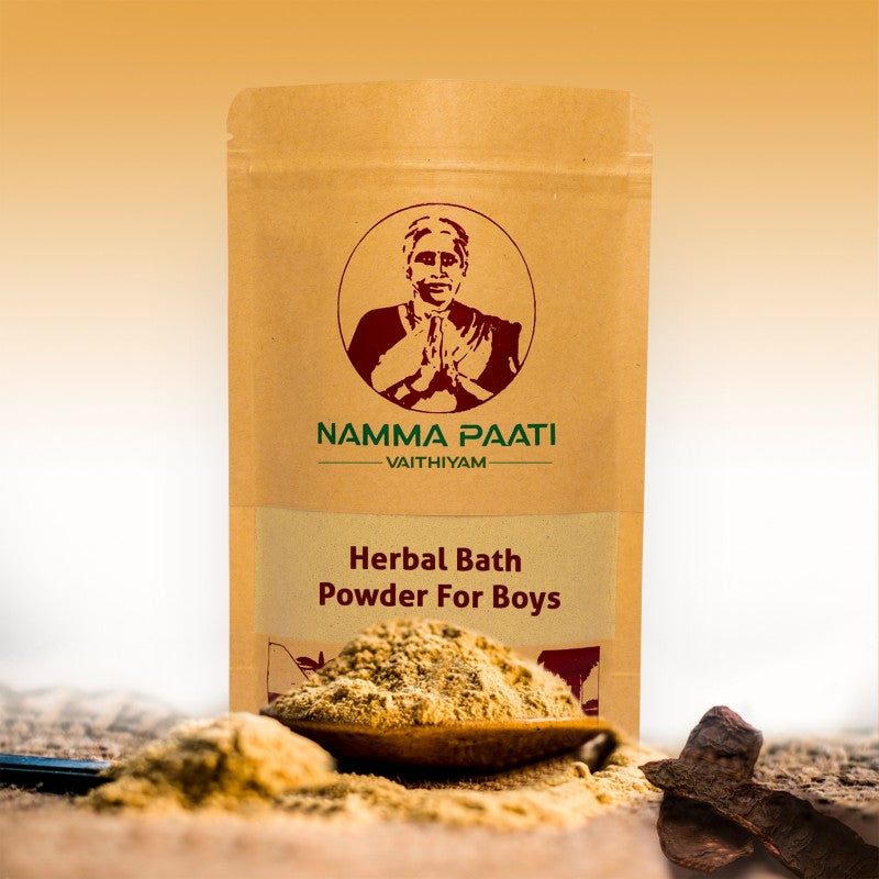 Herbal Bath powder (200 g) (Male/Female) Patti Vaithiyam in Tamil Herbal Bath Powder is 100% Pure, Chemical Free with Natural Aroma. It helps you to feel more refreshing by removing toxins, dirt, black pigments and excess oil from the layers of your skin. It helps in removing unwanted hairs and makes your skin soft and shiny. It also helps in providing you the nourishing glow by smoothing out the wrinkles and makes the skin glow.