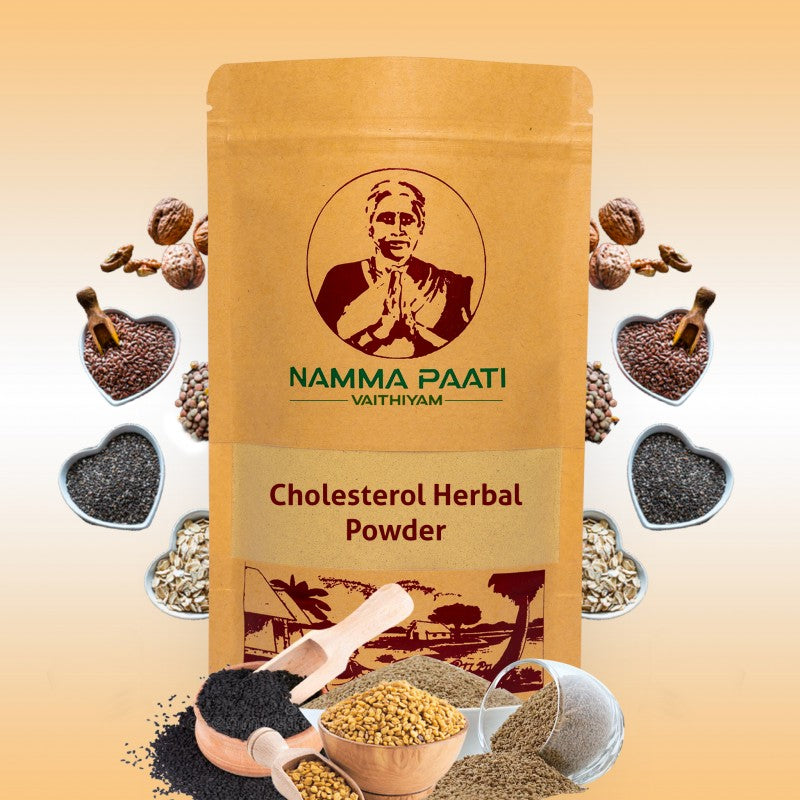 Herbal cholesterol control powder (100% Natural - No Side effects) Namma Patti Vaithiyam "Cholesterol Control Powder" comprises of 3 Traditional ingredients, which helps in removing bad cholesterol present in our body. Intake of this powder, also regulates our Blood Pressure level without causing any side effects. Every one can use this powder except for ladies who are expecting pregnancy.